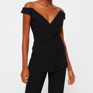 Bebe Off-the-Shoulder Black Blazer Jumpsuit – Size 6 NWT Tuxedo Jacket Top